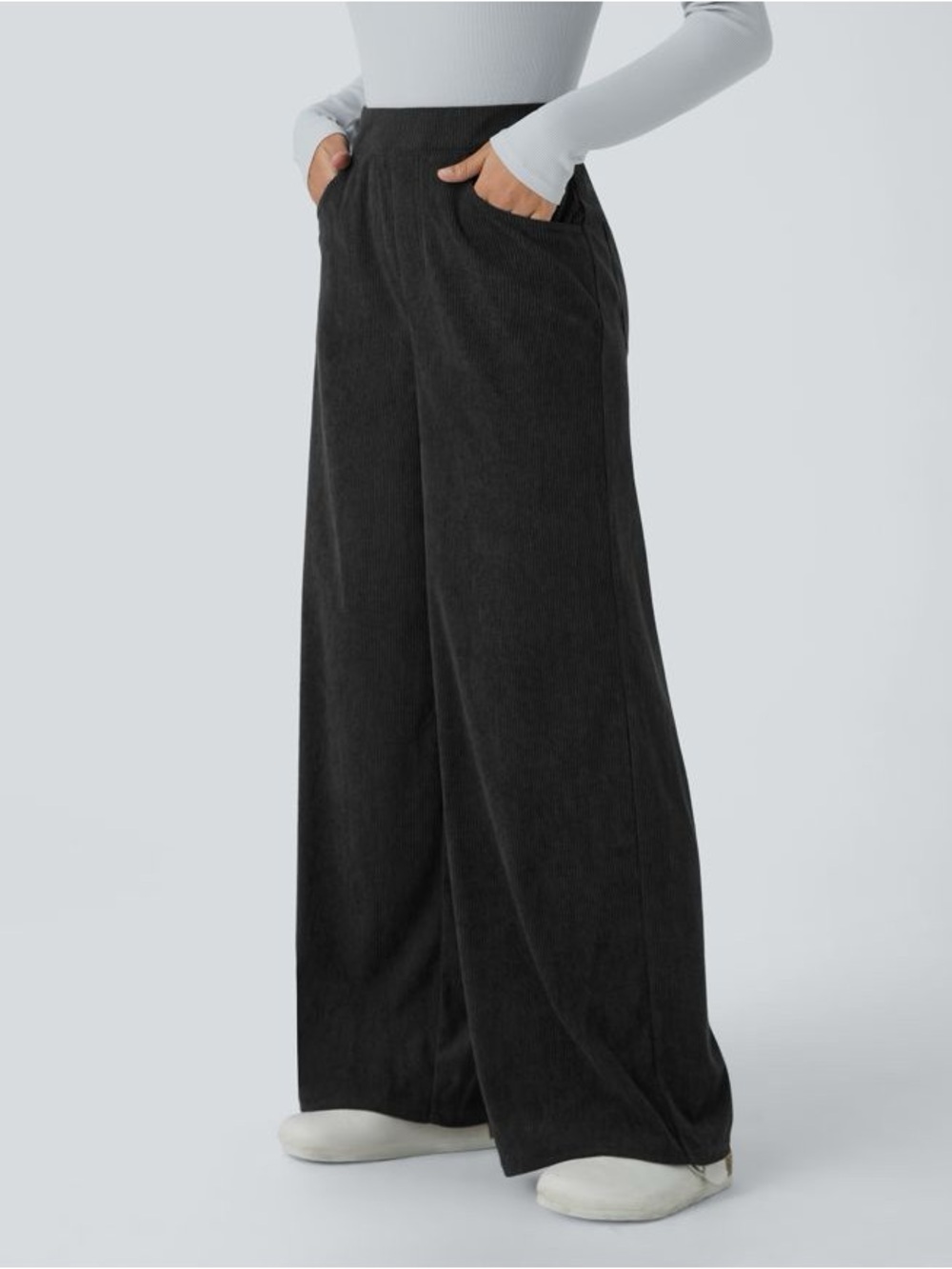 HALARA Black Ribbed Corduroy Button-Front Pants